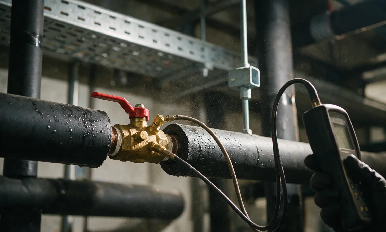A brass static balancing valve with a red lever on insulated chilled-water pipe, two hoses running from its test points to a handheld differential pressure meter in a gloved hand