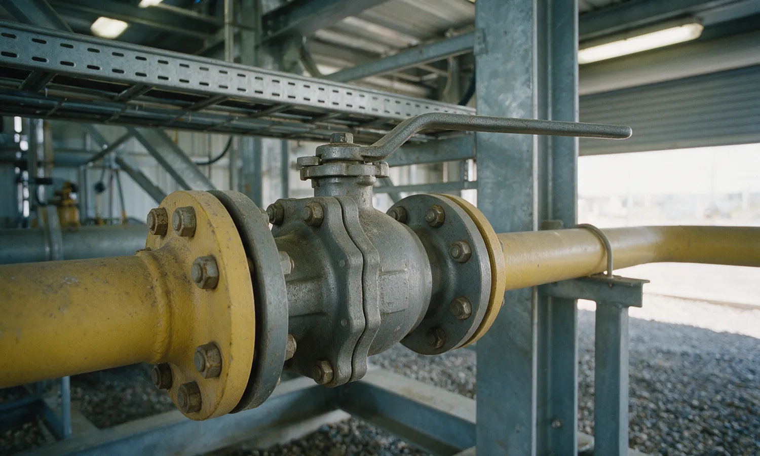 A flanged carbon steel ball valve with a lever handle on a yellow gas pipe at an outdoor process skid