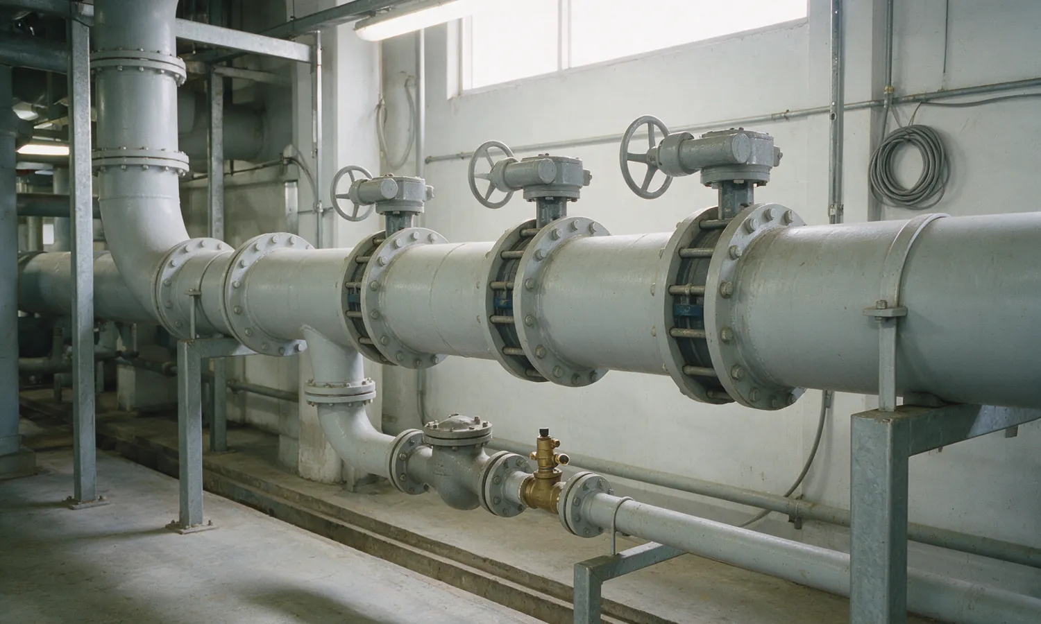 Three flanged butterfly valves with gear operators and handwheels in a row on a large insulated chilled-water main, with a strainer and a brass balancing valve on the branch below them