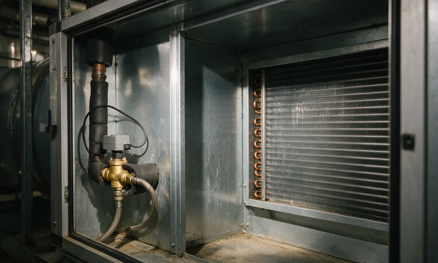 Air handling unit cooling coil with a brass control valve and grey actuator on insulated pipework