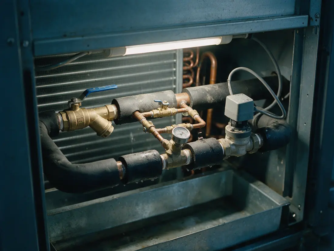 A pre-assembled chilled-water valve kit at a cooling unit coil: a ball valve with a built-in strainer, a flushing bypass, a gauge and a control valve with an actuator