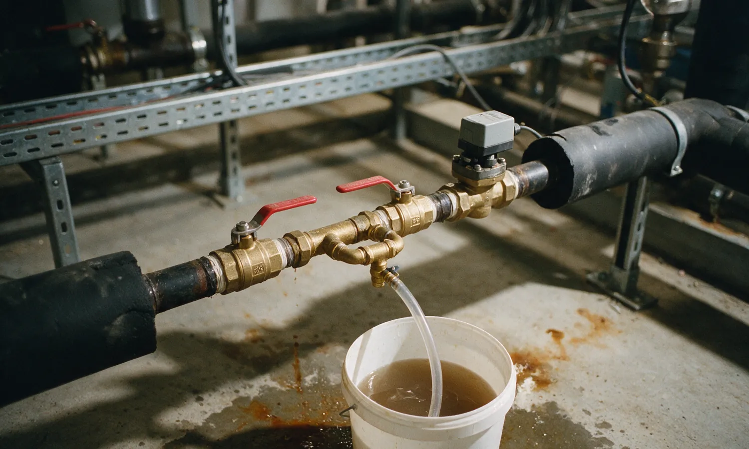 Brass flushing by-pass and isolating ball valves on insulated chilled-water pipe, a clear hose from the drain cock running into a bucket of cloudy brown water, with a control valve and grey actuator further along the pipe