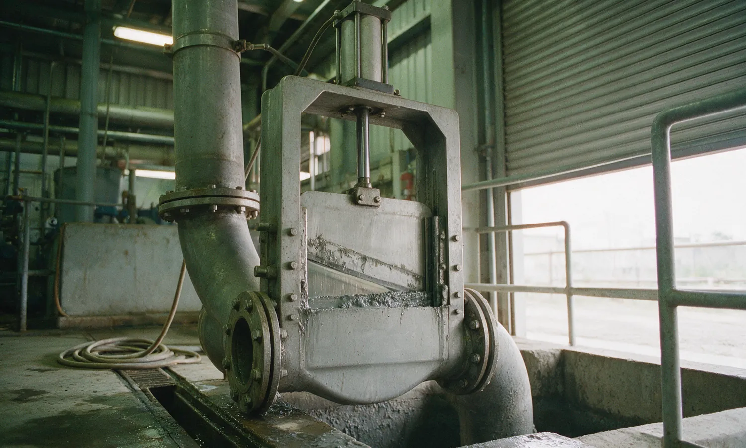 A pneumatically actuated bonnetless knife gate valve bolted between two flanges in a vertical steel pipe beside a concrete sump, its gate blade partly withdrawn and streaked with sludge