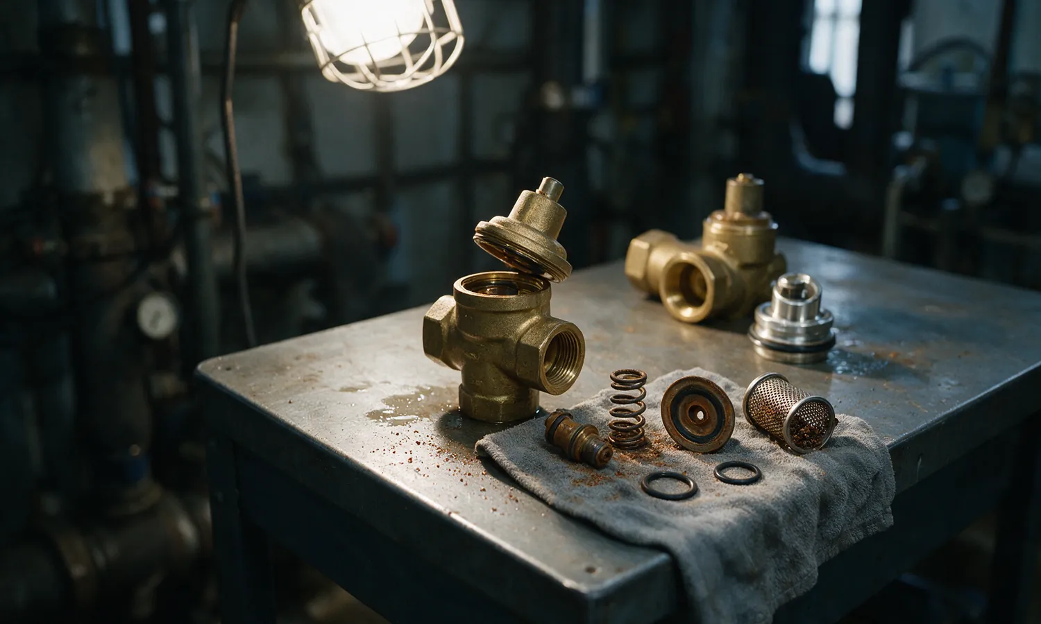 A brass control valve opened on a workbench with its cartridge, spring, diaphragm and O-rings laid out beside it, all stained rust brown, next to a strainer screen clogged with silt