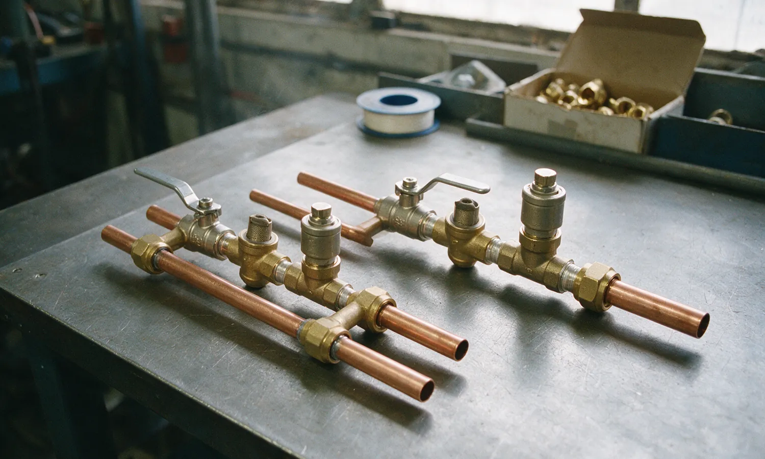 Two prefabricated valve assemblies, each a pair of copper legs carrying a lever ball valve, a strainer body, a control valve and brass union nuts