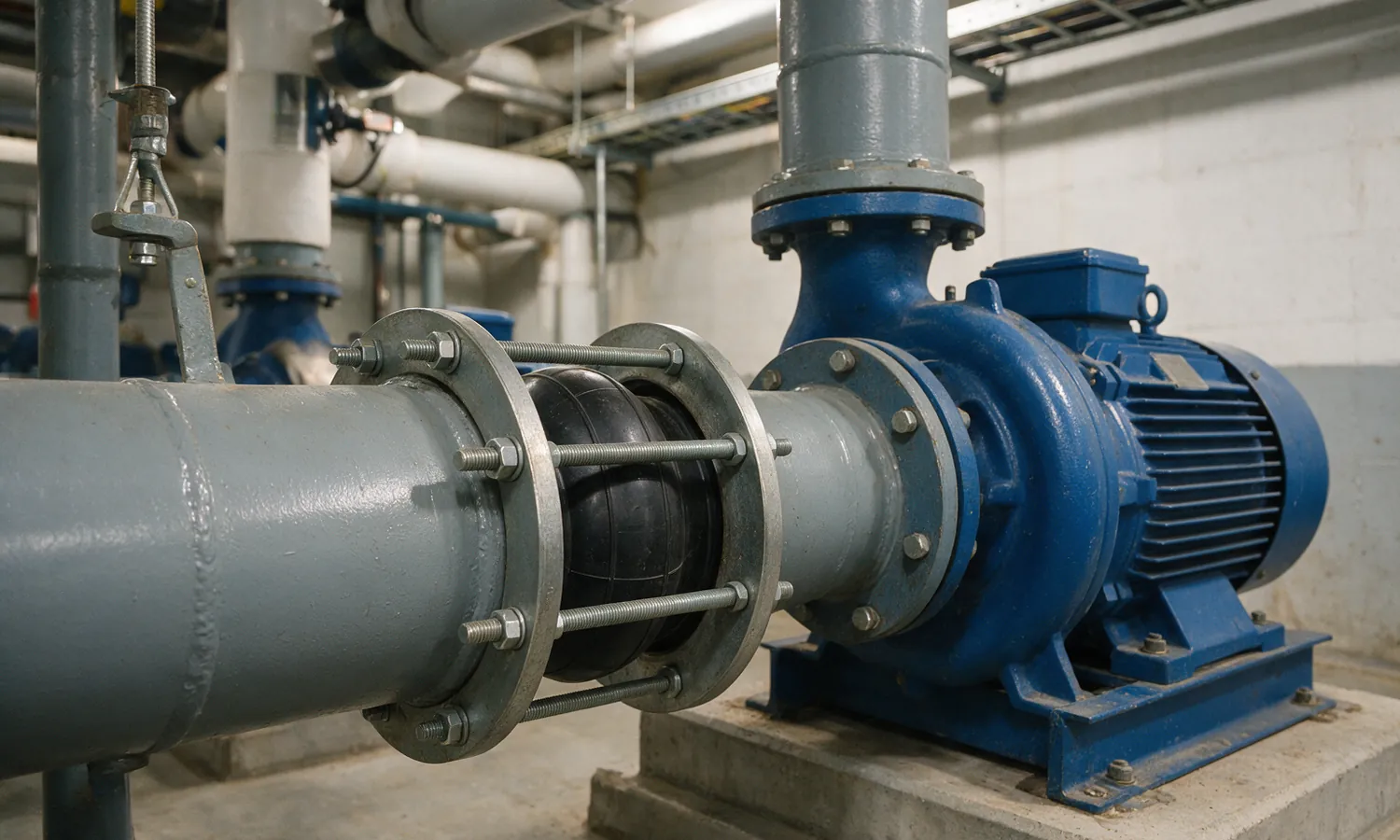 A black rubber single-sphere flexible joint with steel floating flanges and four control rods, fitted between grey chilled-water pipe and the discharge of a blue centrifugal pump on a concrete base
