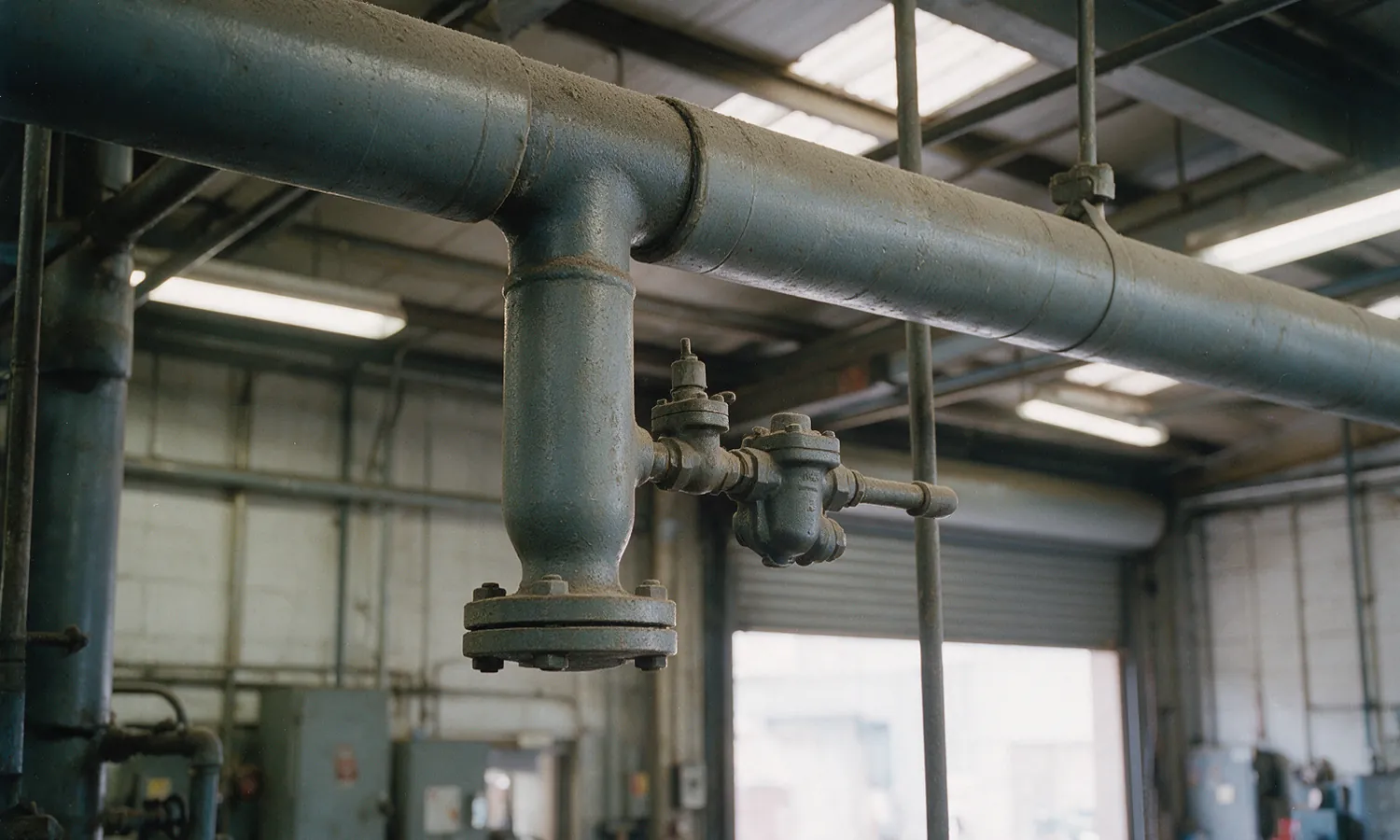 A drain pocket below a steam main, closed by a blank flange, with a steam trap on a side branch and its own discharge pipe