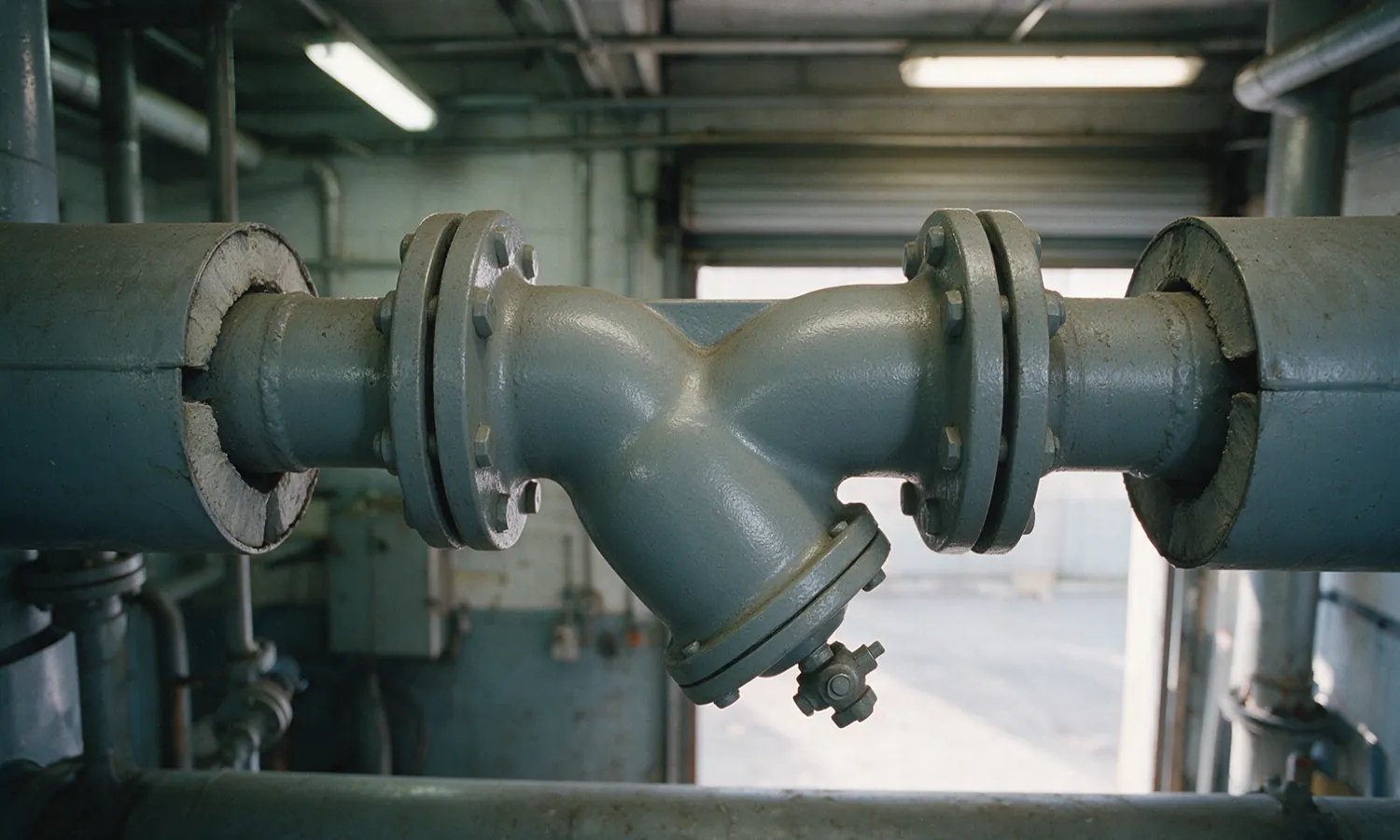 A flanged cast iron Y-strainer on a horizontal pipe, its screen cap angled down with a small blow-down valve