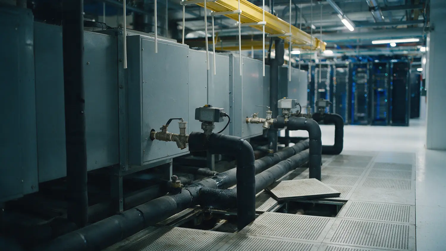 The service corridor behind a row of cooling units in a data hall, insulated chilled-water pipes rising from a raised floor to a valve assembly at each unit