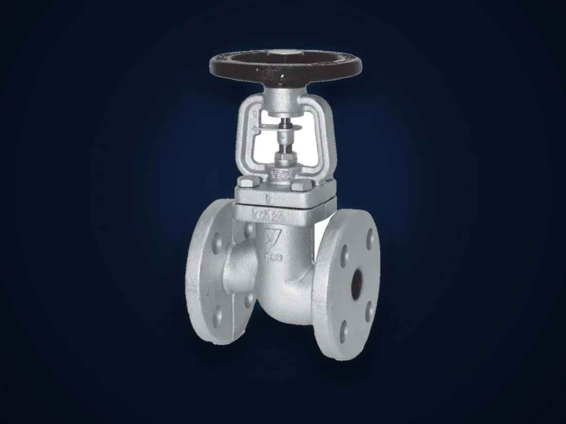 A flanged cast gate valve, the rising stem visible above the bonnet